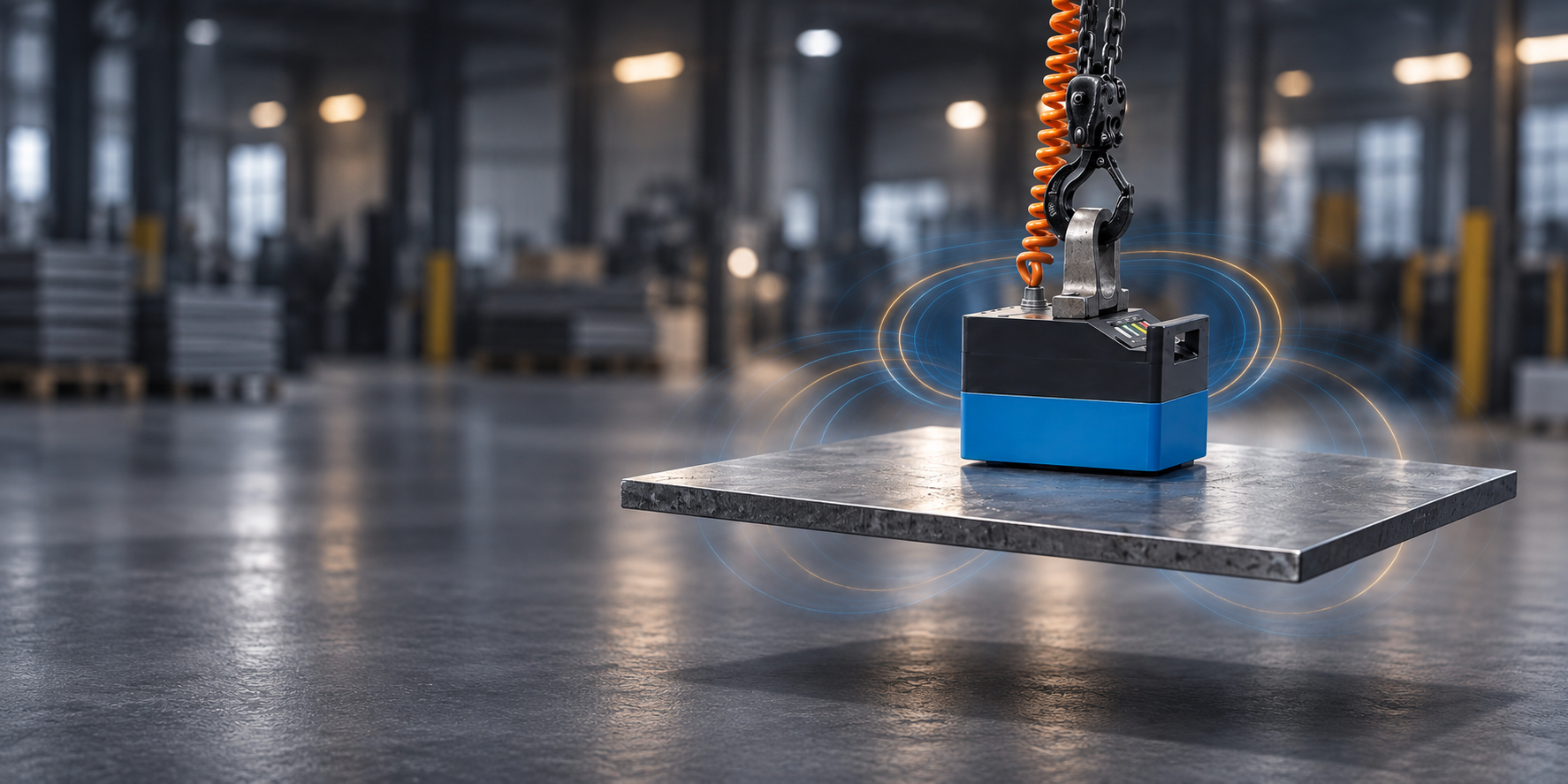 Lasthebemagnet hebt eine Stahlplatte in industrieller Umgebung