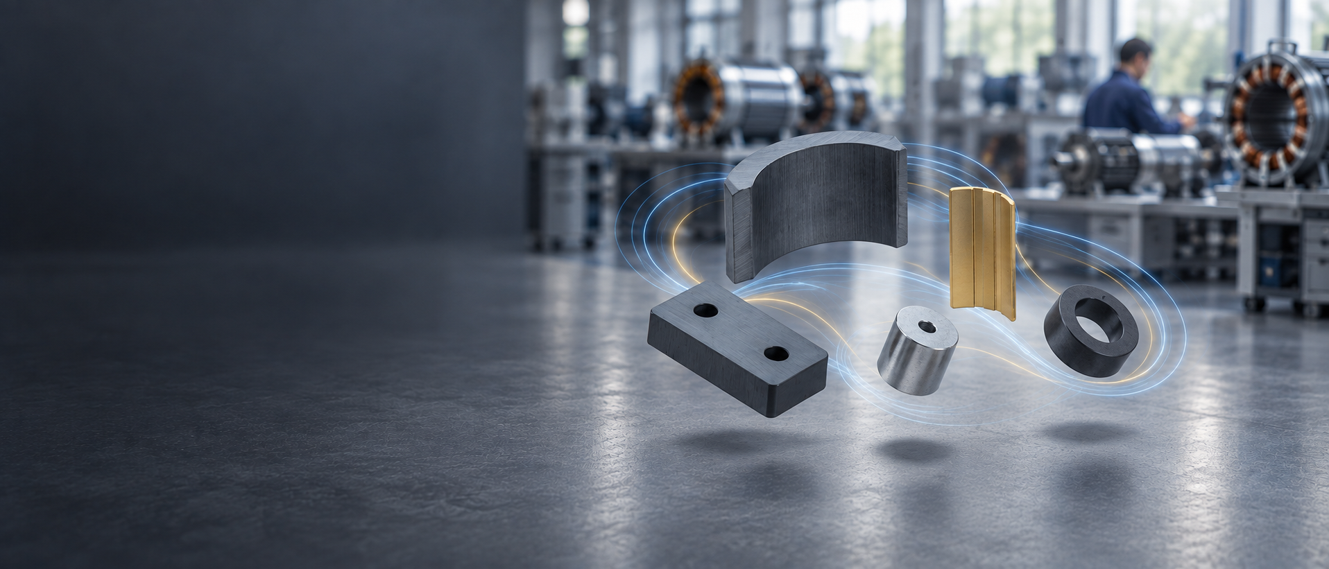 Permanentmagnete und Dauermagnete in verschiedenen Bauformen in industrieller Fertigungsumgebung